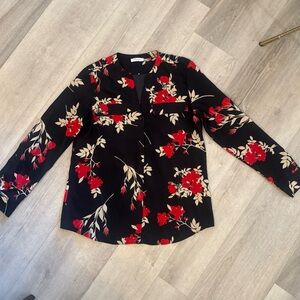 Calvin Klein Women L Black red Floral Button-Up Blouse Long Roll Tab Sleeve Top